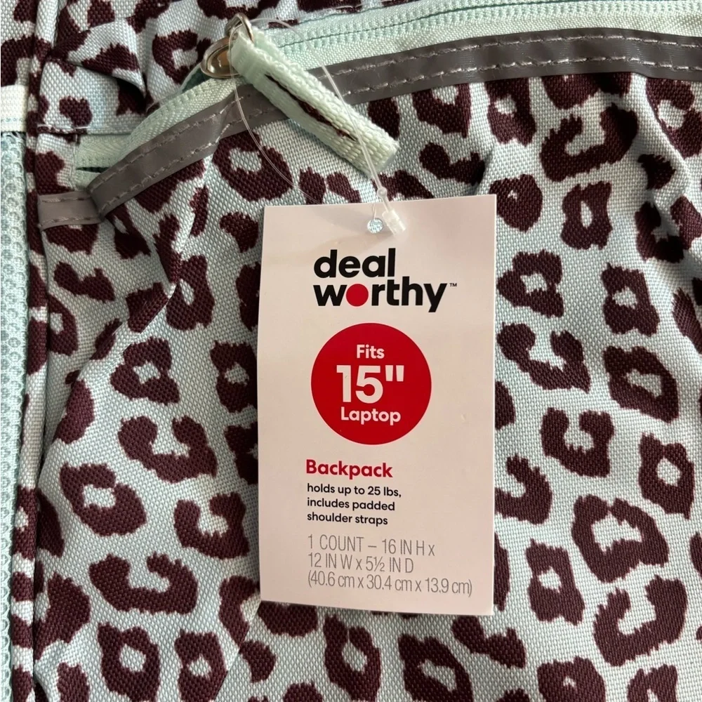 NWT Leopard Print Backpack - Mint and Brown fits 15” laptop